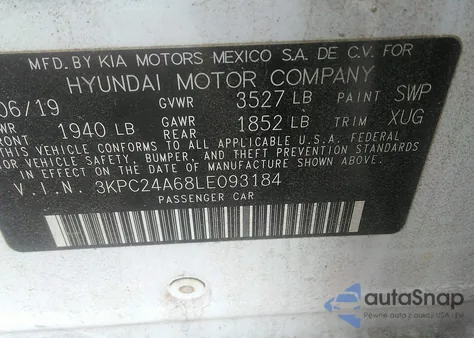 2020 Hyundai Accent Se z USA, uszkodzony, nr VIN 3KPC24A68LE093184